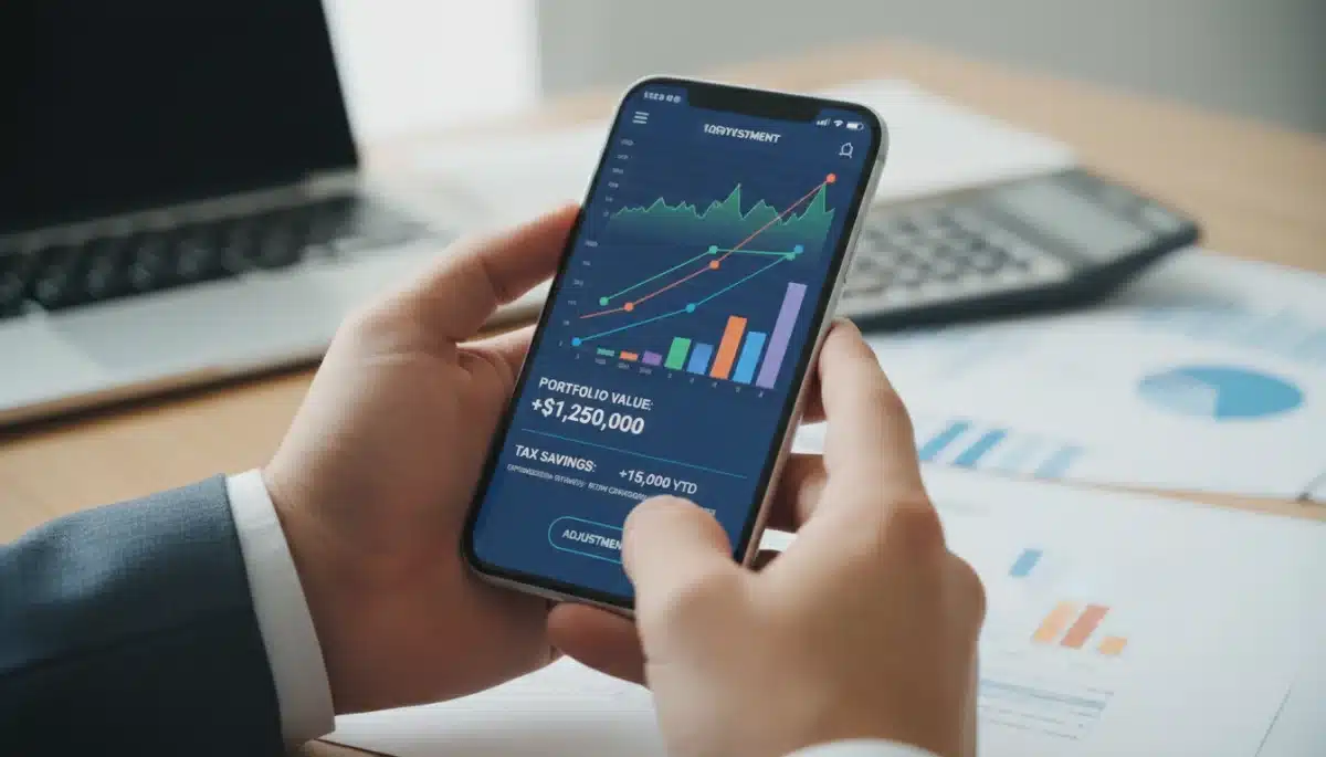 Hands using a financial app to check investments