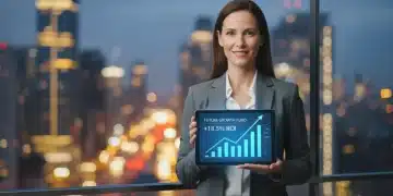 Woman confidently managing finances on tablet with positive charts