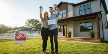 Couple celebrating new home purchase with keys and 'Sold' sign, symbolizing first-time homebuyer success
