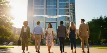 Recent graduates confidently approaching a modern office building for their first job