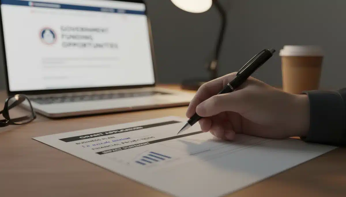 Grant application form being filled out by a small business owner