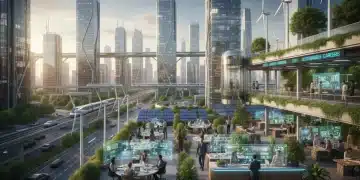 Professionals working in a sustainable office with renewable energy cityscape
