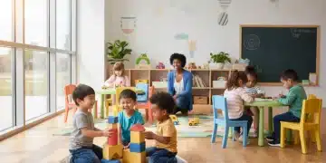 Children playing happily in a modern childcare center with diverse toys and activities