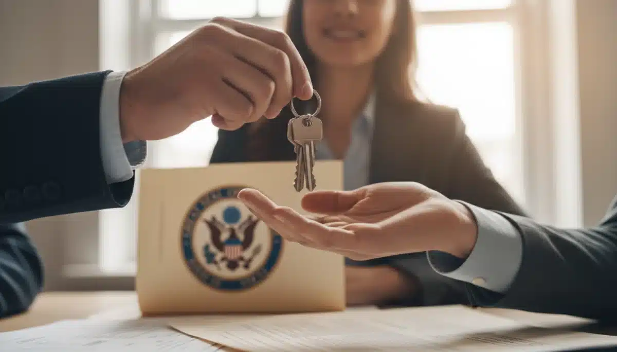 Hands exchanging keys, representing new housing opportunities through state assistance programs.