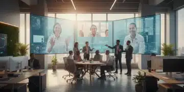 Professionals collaborating in a modern hybrid office environment