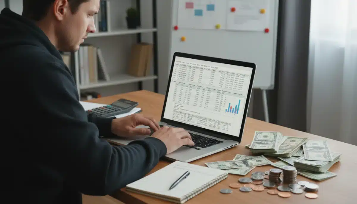 Individual analyzing debt payoff strategies on a laptop