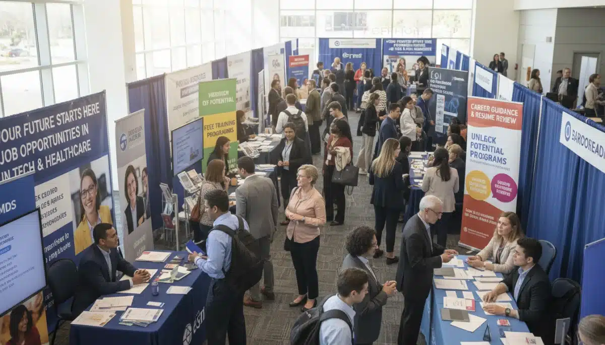 Diverse individuals at a job fair, discussing career opportunities and training programs with recruiters.