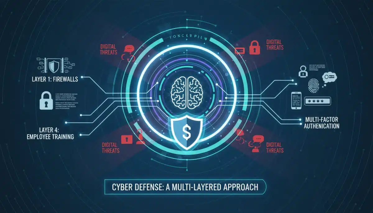 Infographic illustrating layered cybersecurity defenses