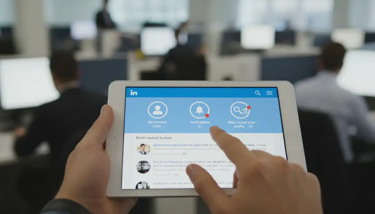 Hand interacting with LinkedIn profile on tablet