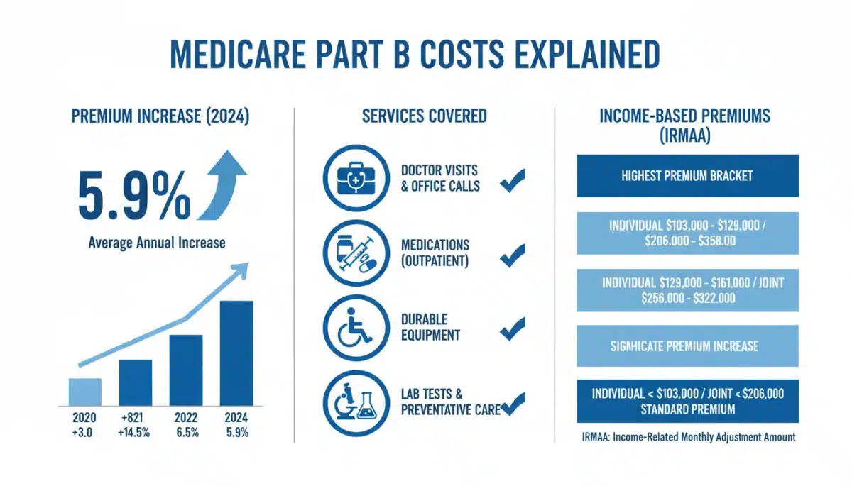 Infographic showing Medicare Part B premium breakdown and income adjustments