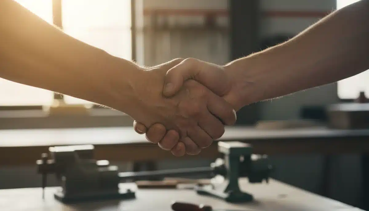 Mentor and apprentice shaking hands, symbolizing successful training