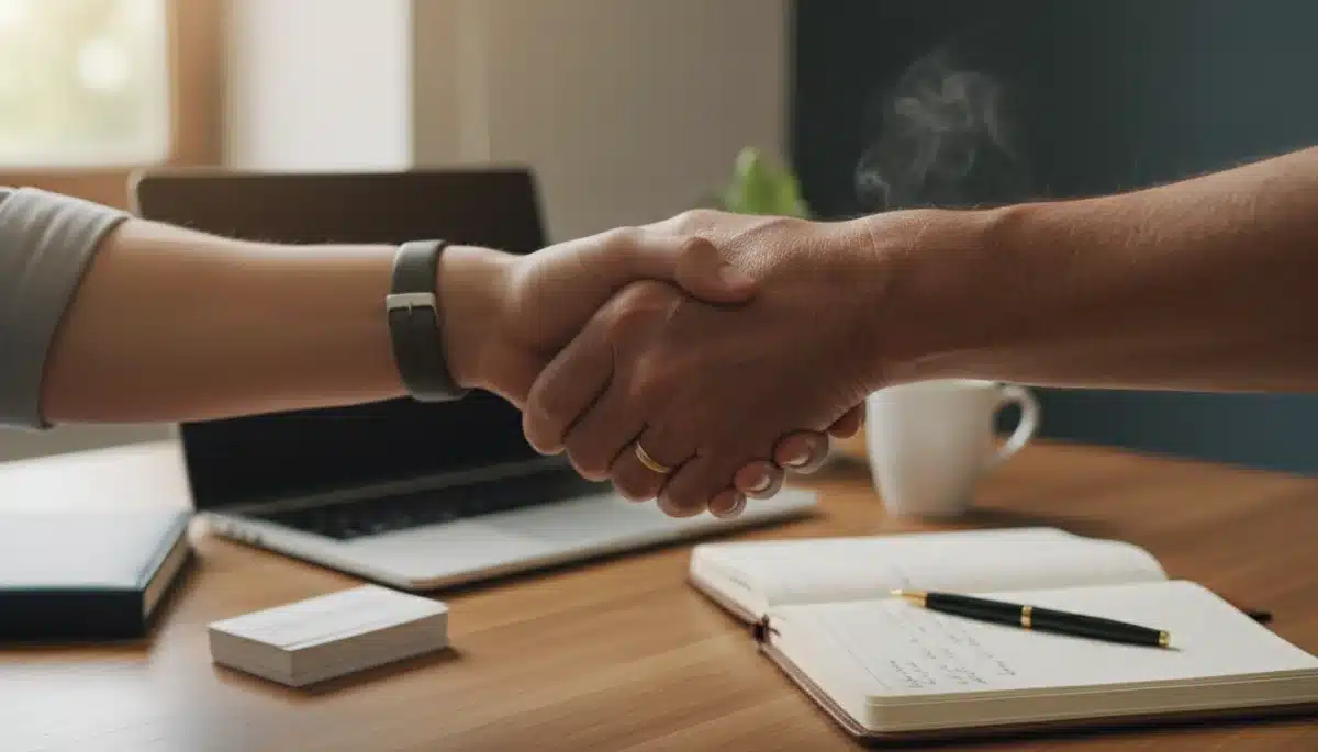 Mentor and mentee shaking hands, symbolizing professional connection and guidance