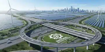 Modern highway interchange with renewable energy, symbolizing U.S. infrastructure growth