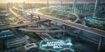 Modern infrastructure network with bridges, roads, and renewable energy, illustrating the National Infrastructure Bill's impact.