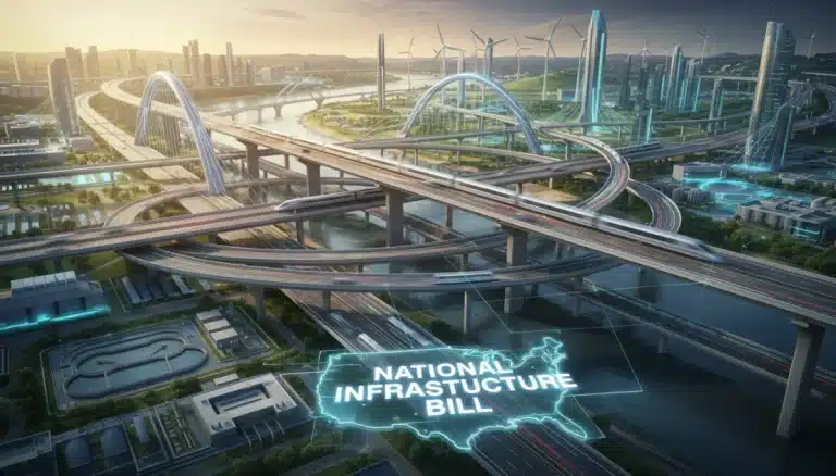 Modern infrastructure network with bridges, roads, and renewable energy, illustrating the National Infrastructure Bill's impact.