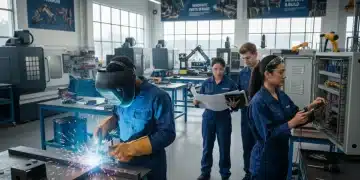 Apprentices working in a modern trade workshop, learning valuable skills