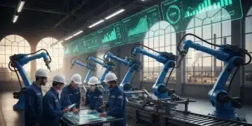 Modern U.S. manufacturing facility with automated machinery and skilled workers, symbolizing economic growth.