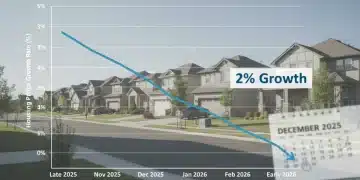 Graph showing national home price growth slowing to 2% in Q4 2025, with a suburban neighborhood in the background.