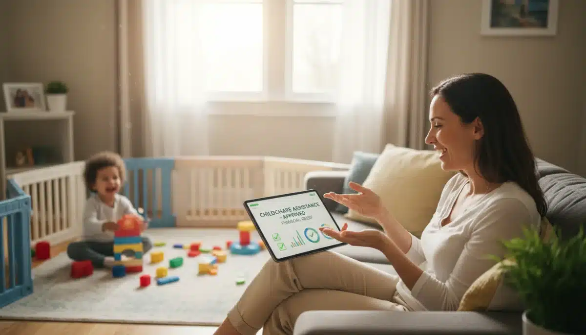 Parent reviewing childcare financial aid documents on a tablet at home