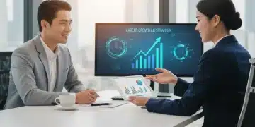 Professional woman discussing performance data during a 2026 review