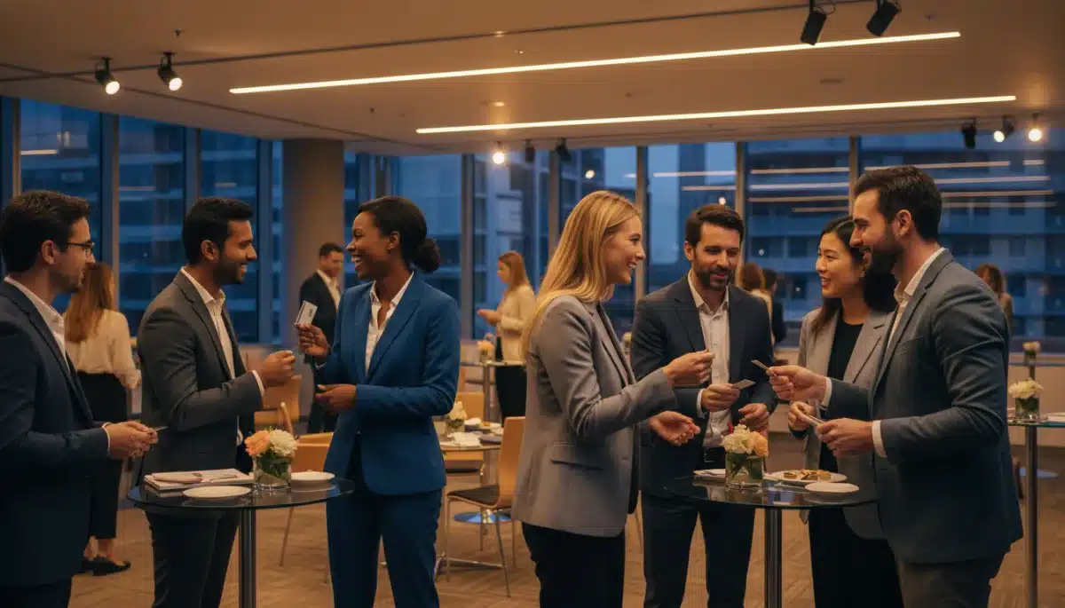 Diverse professionals networking at an event, exchanging contacts
