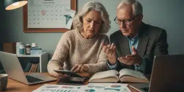 Senior couple reviewing financial documents about Medicare costs