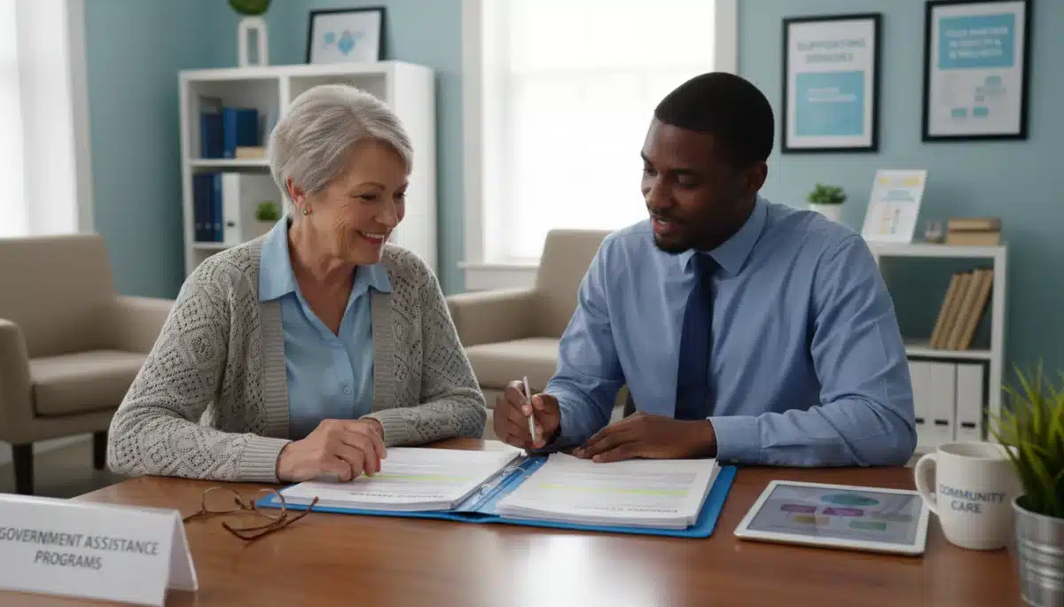 Senior woman discussing state financial aid with a case manager