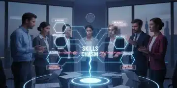 Professionals analyzing a holographic display of skill sets and job openings, representing the skills gap challenge