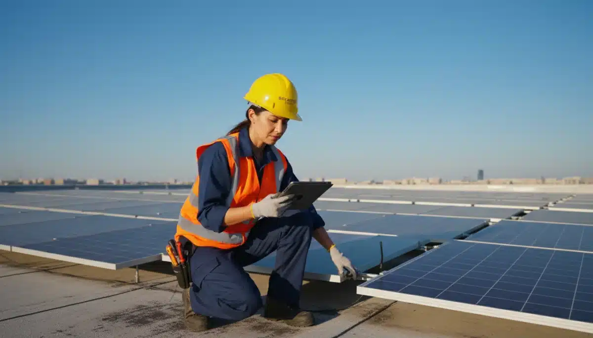 Solar energy engineer inspecting rooftop solar panels