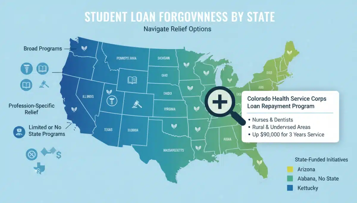 Infographic map showing state student loan forgiveness programs across the U.S.