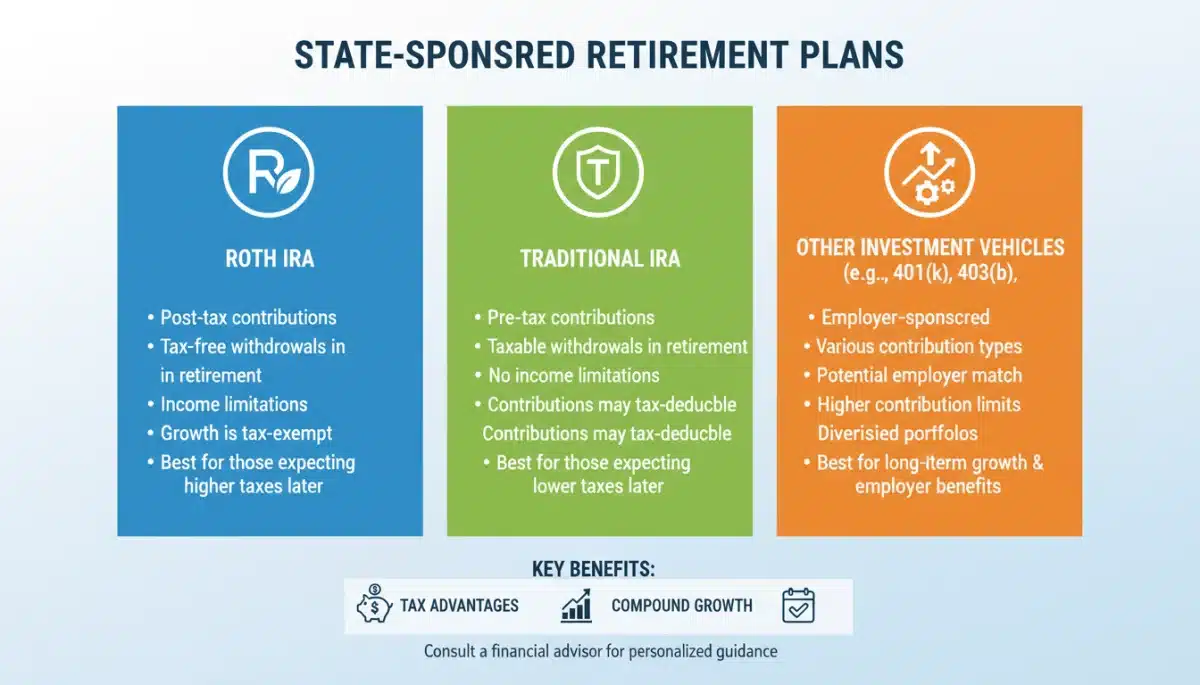 Infographic comparing various state-sponsored retirement savings plan types and their features