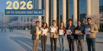 Hopeful graduates celebrating student loan forgiveness outside a state building in 2026