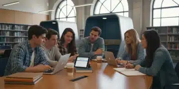 Students collaborating on FAFSA applications in a university library