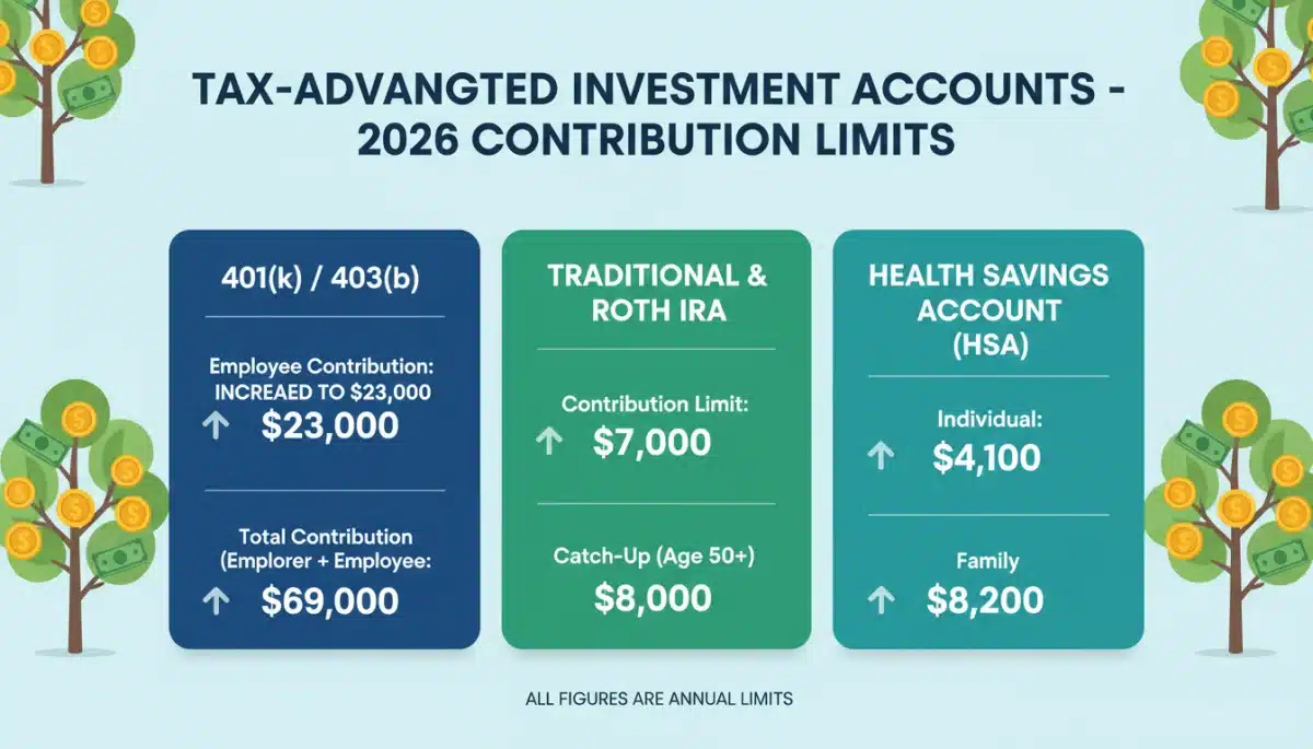 Infographic showing various tax-advantaged investment accounts and their 2026 contribution limits