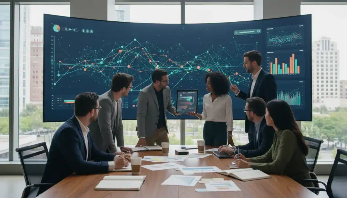 Team collaborating on data analytics project in modern office