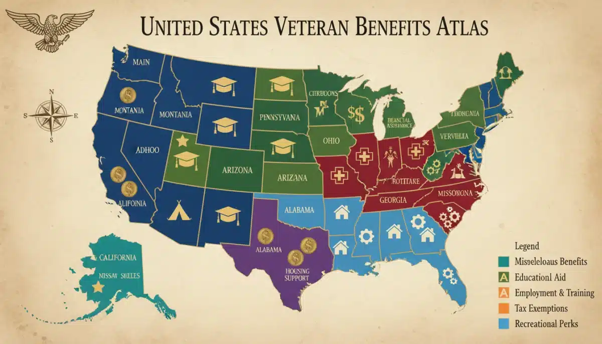 Map of U.S. states illustrating diverse veteran benefits and aid categories.