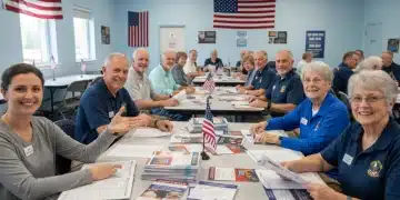 Veterans smiling, reviewing financial and educational aid documents in a supportive community setting.